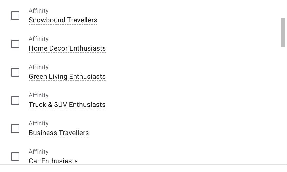 Screenshot of Google Display Network Custom Affinity Audience options