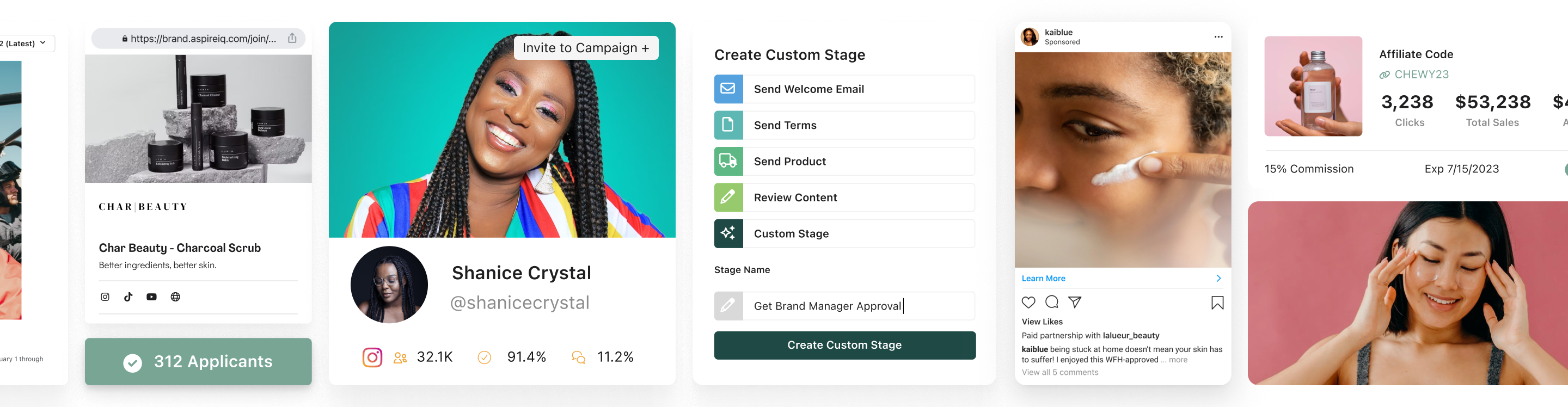 Overview of Aspire platform, showcasing different views of the word-of-mouth commerce features